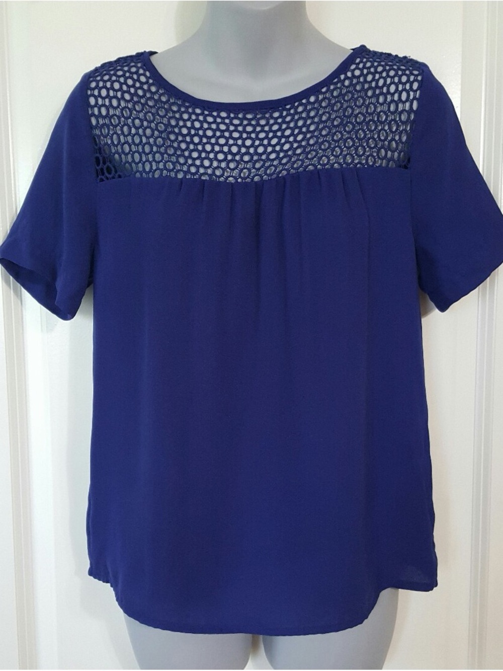 AB Studio Royal Blue Short Sleeve Blouse with Crochet Yoke
